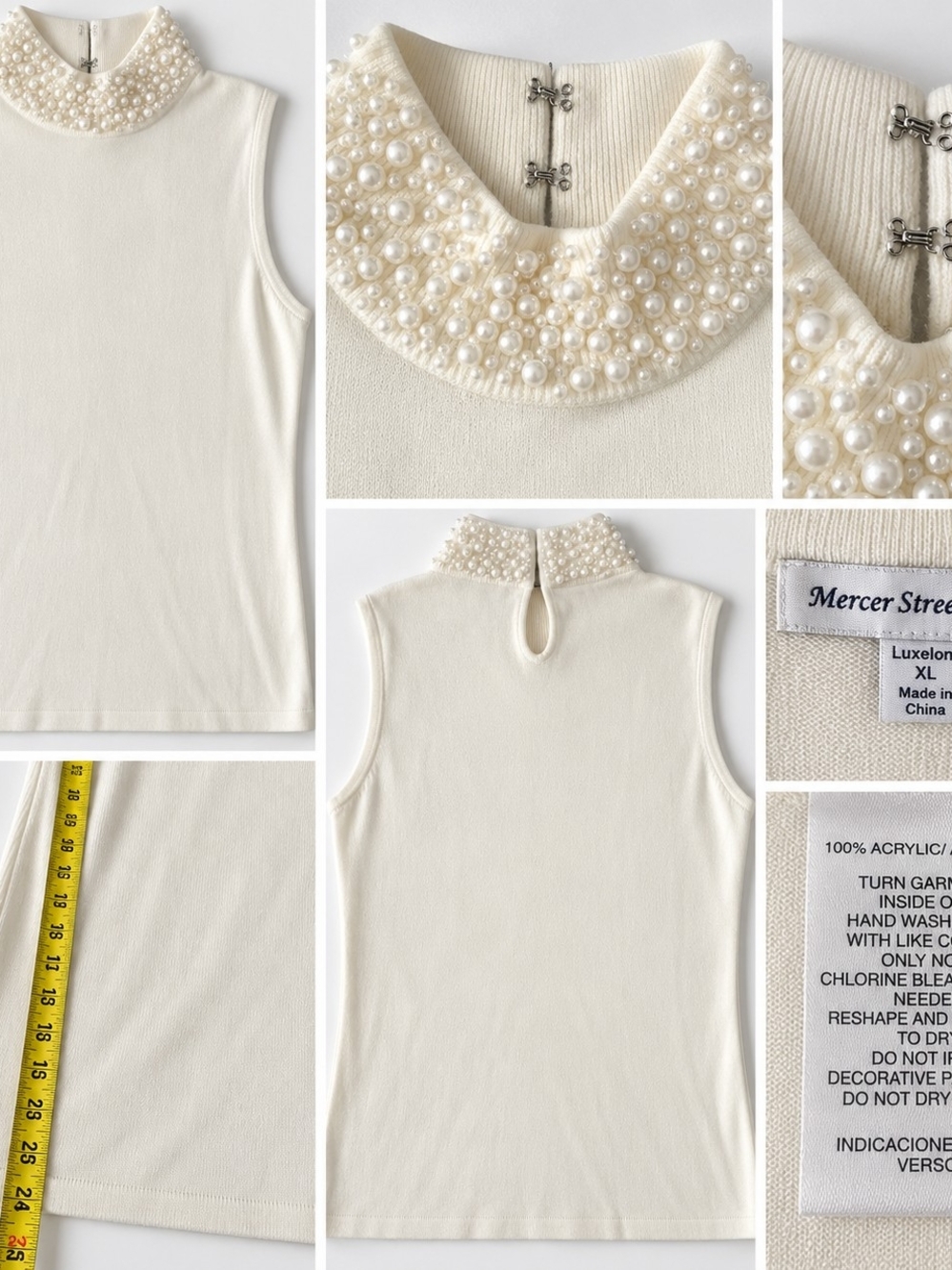 Mercer Street Studio Ivory Pearl Embellished Mock Neck Sleeveless Top XL
